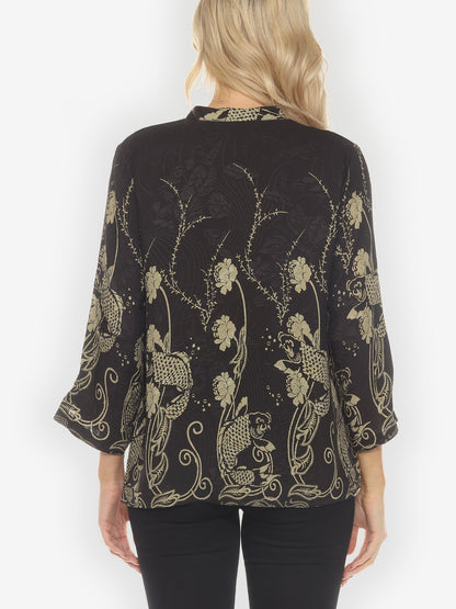 Citron Style Blouse Graceful Fish Flowers in Black Silk Blouse