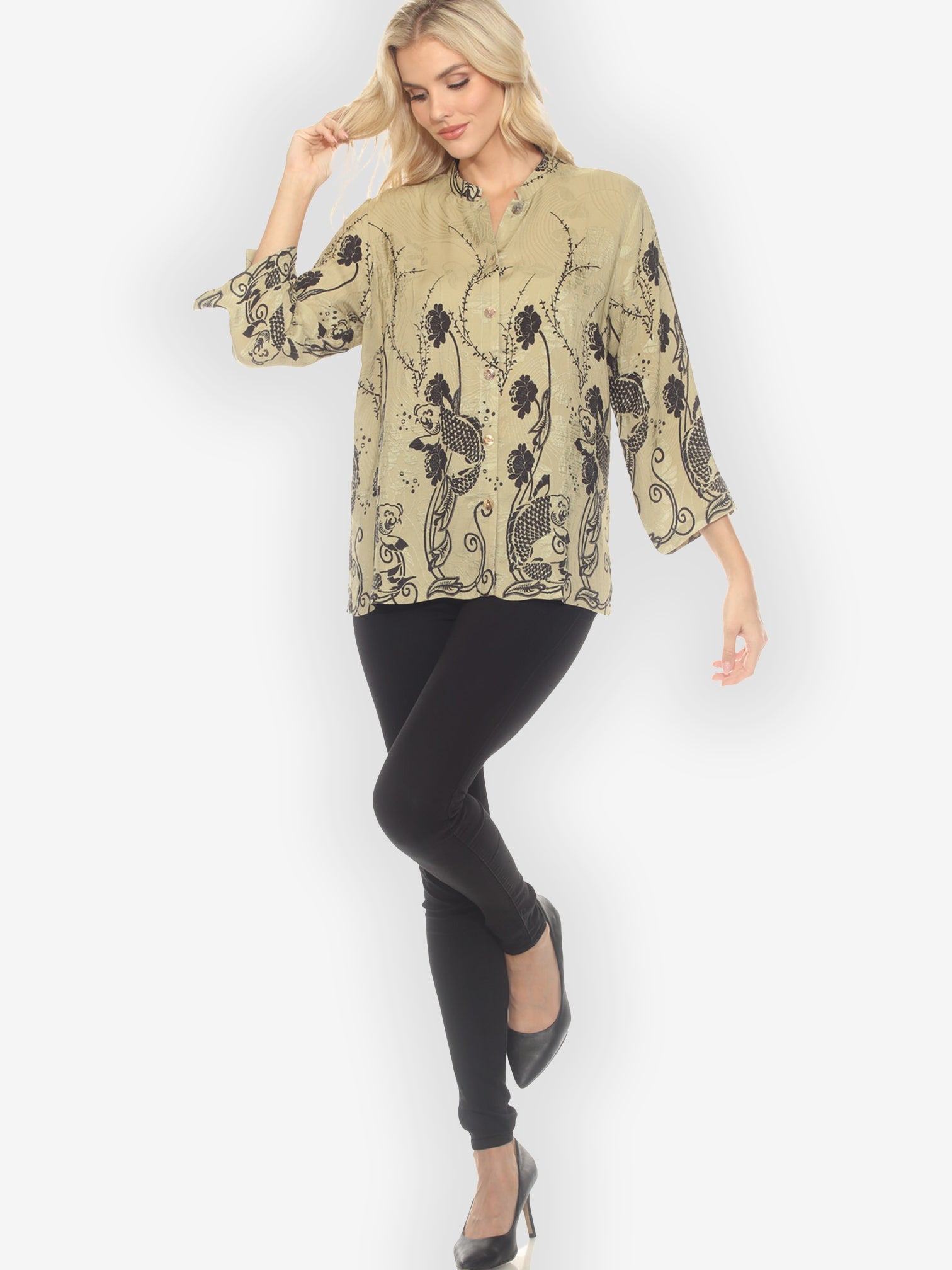 Citron Style Blouse Graceful Fish Flowers in Khaki Classic Silk Blouse