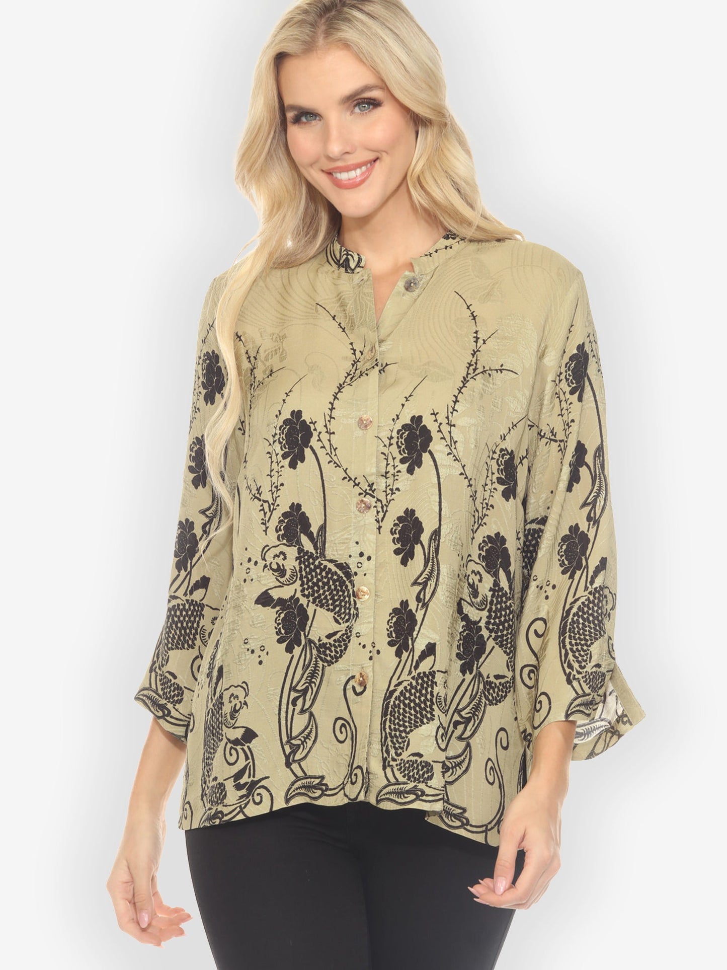 Citron Style Blouse Graceful Fish Flowers in Khaki Classic Silk Blouse