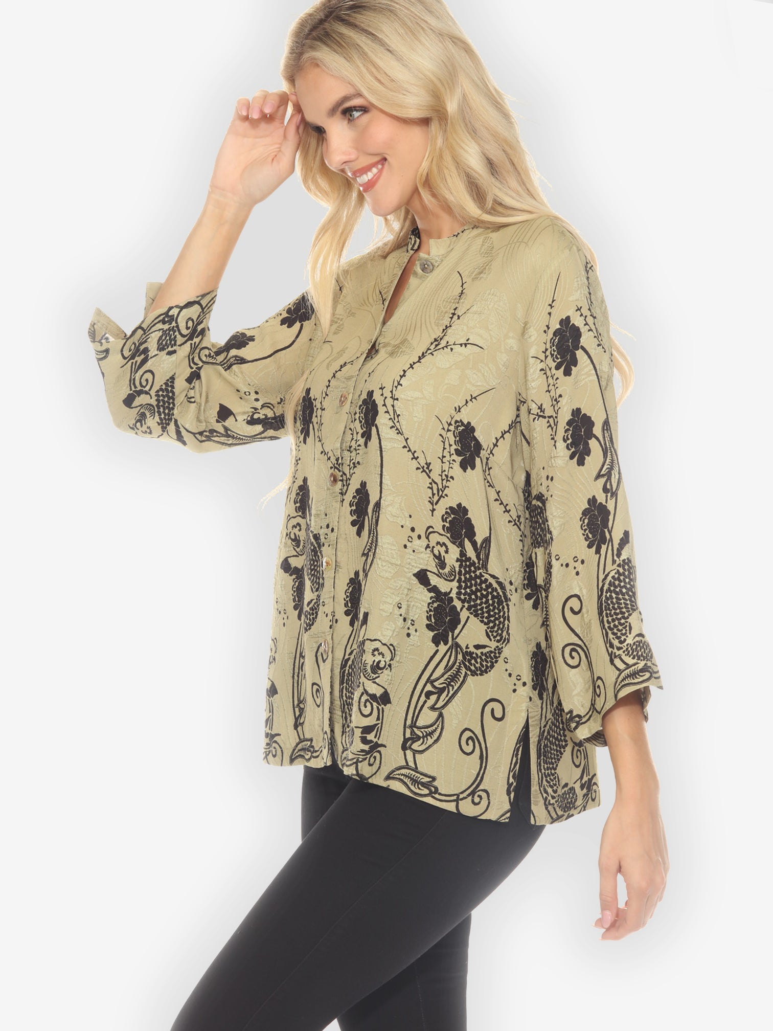 Citron Style Blouse Graceful Fish Flowers in Khaki Classic Silk Blouse