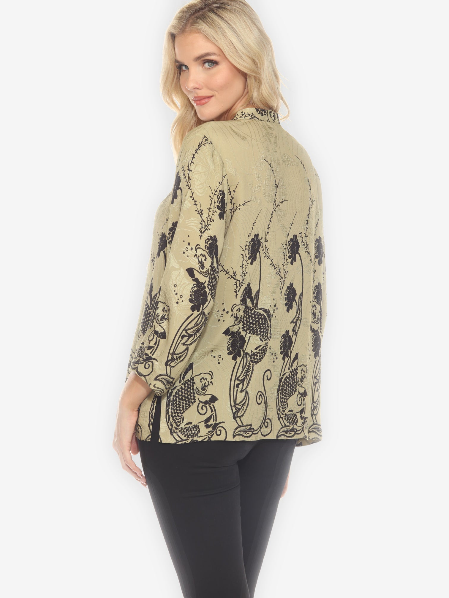 Citron Style Blouse Graceful Fish Flowers in Khaki Classic Silk Blouse