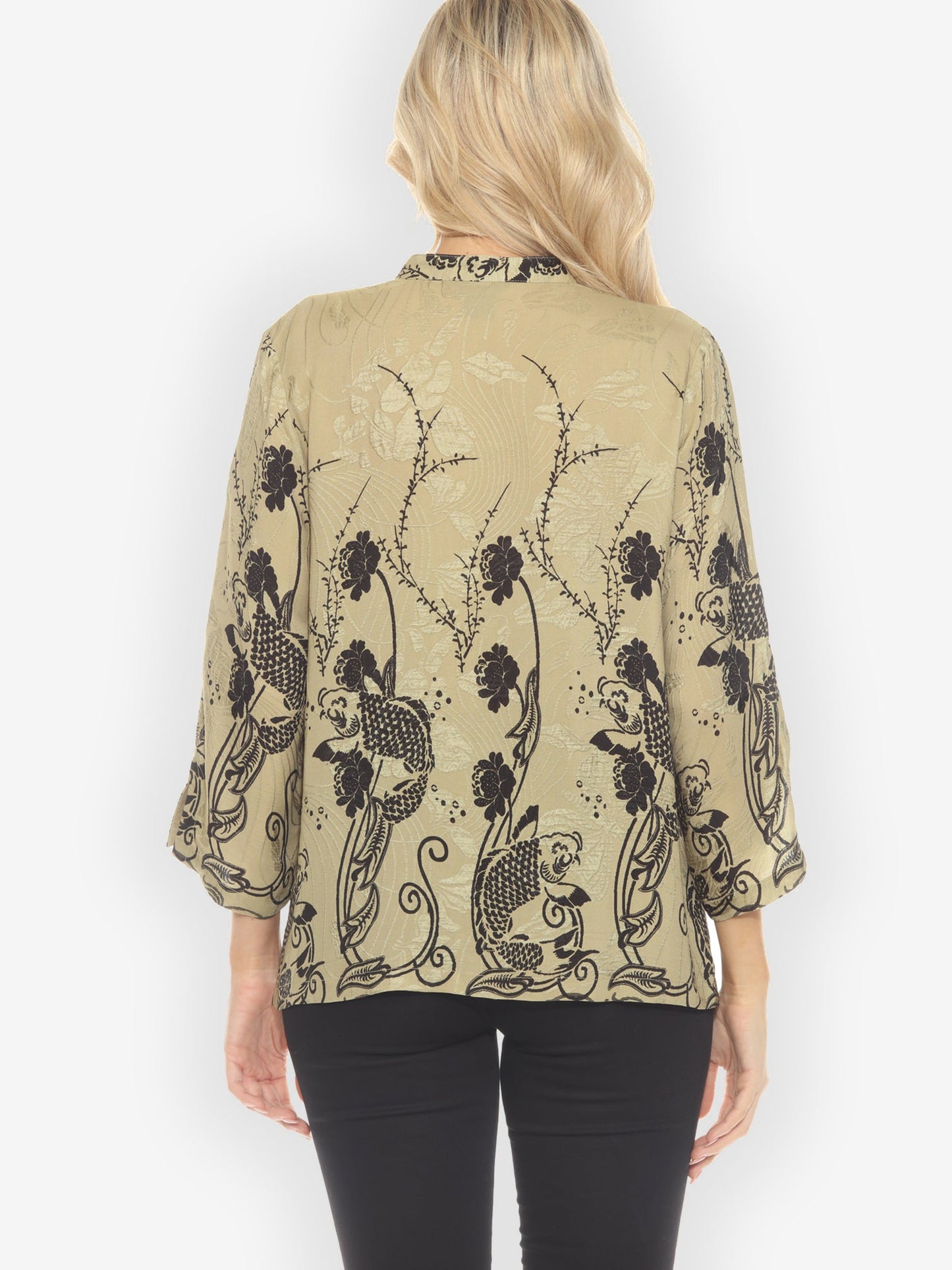 Citron Style Blouse Graceful Fish Flowers in Khaki Classic Silk Blouse