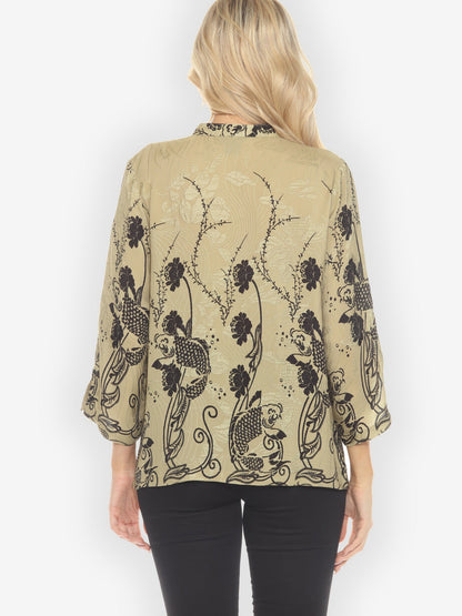 Citron Style Blouse Graceful Fish Flowers in Khaki Classic Silk Blouse