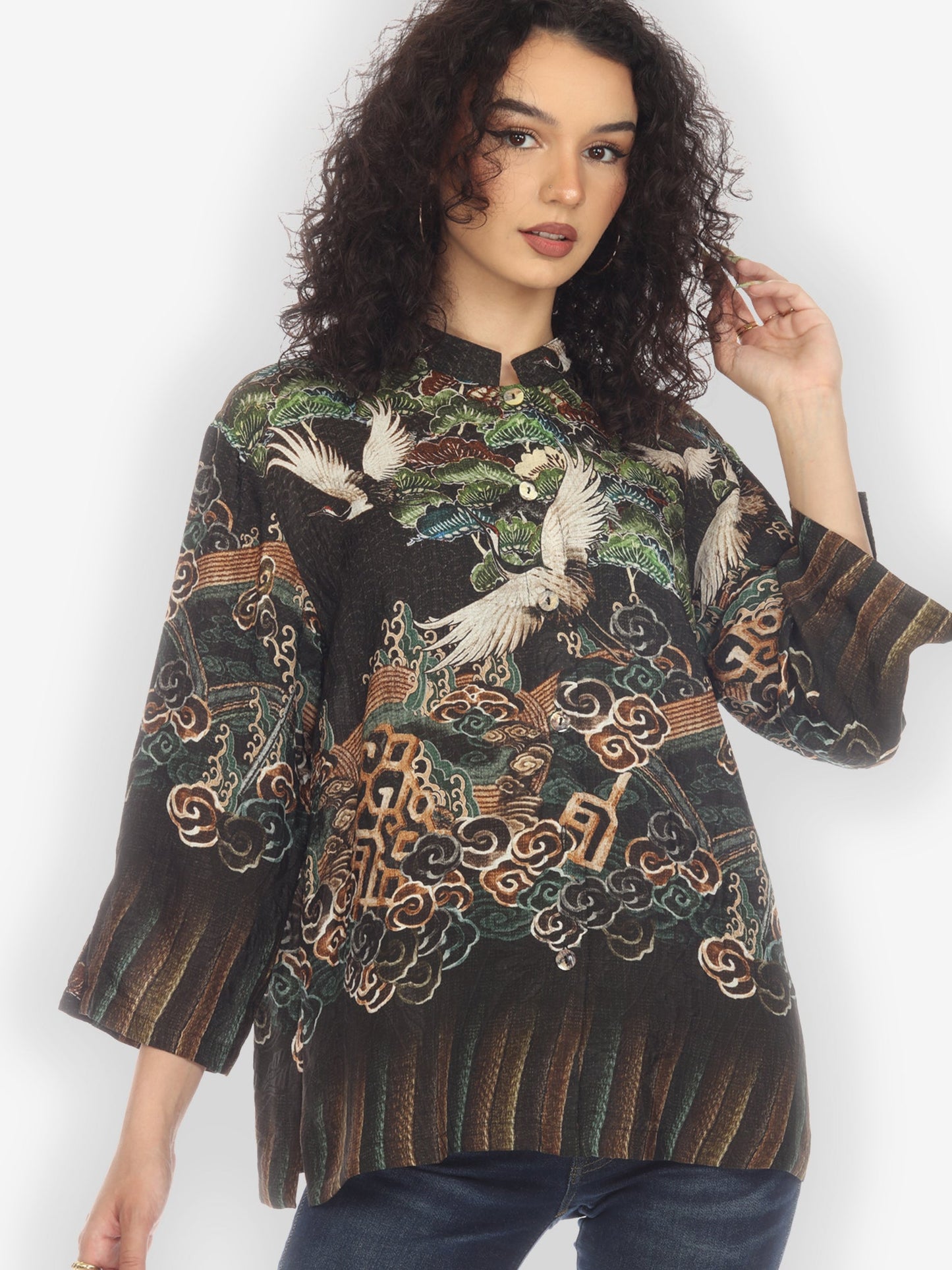 Jackets Geometric Waves Border Silk Blouse