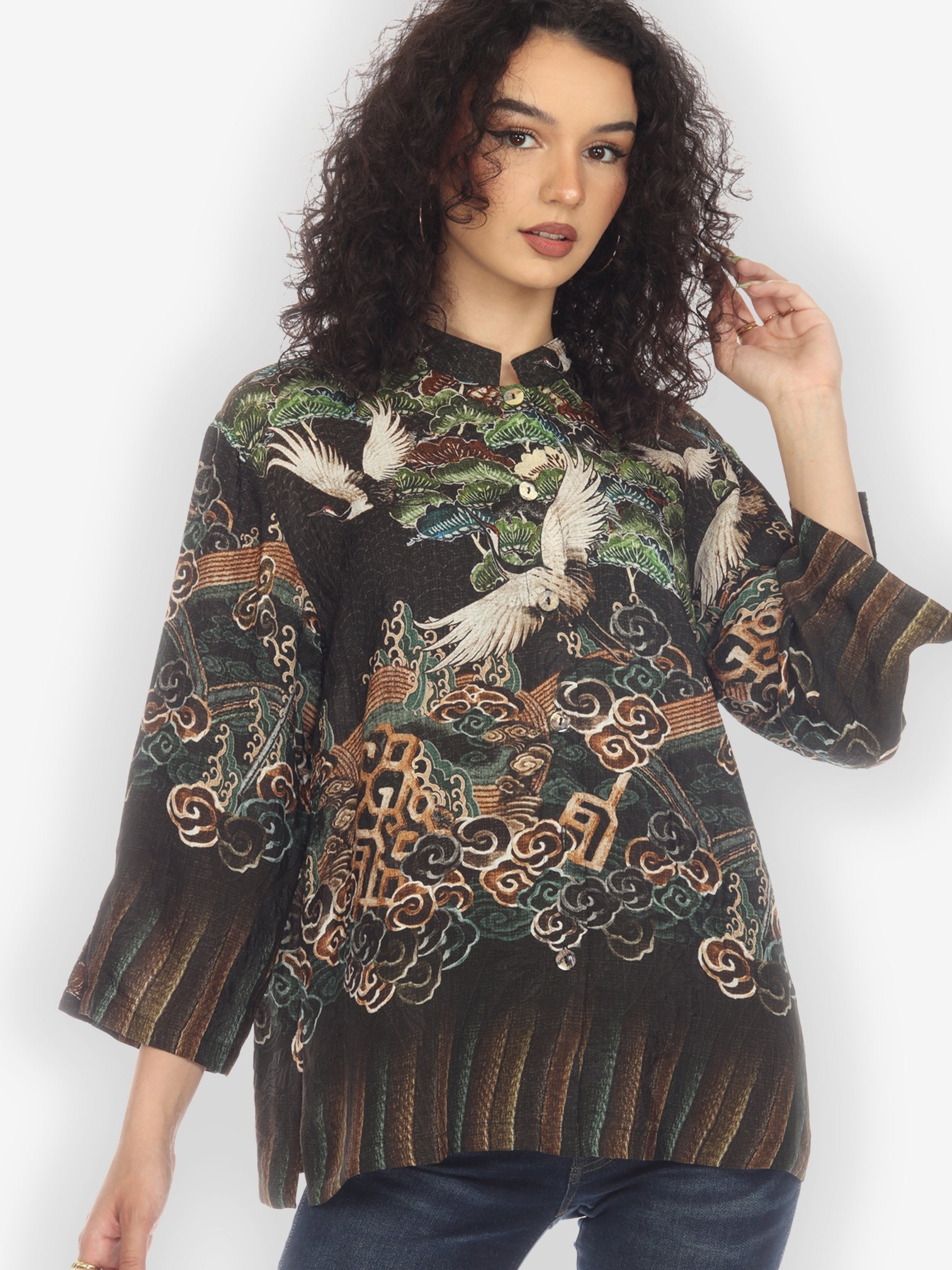 Jackets Geometric Waves Border Silk Blouse