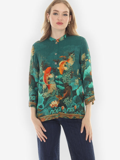 Citron Style Blouse Koi Fish and Sea Wave Silk Blouse