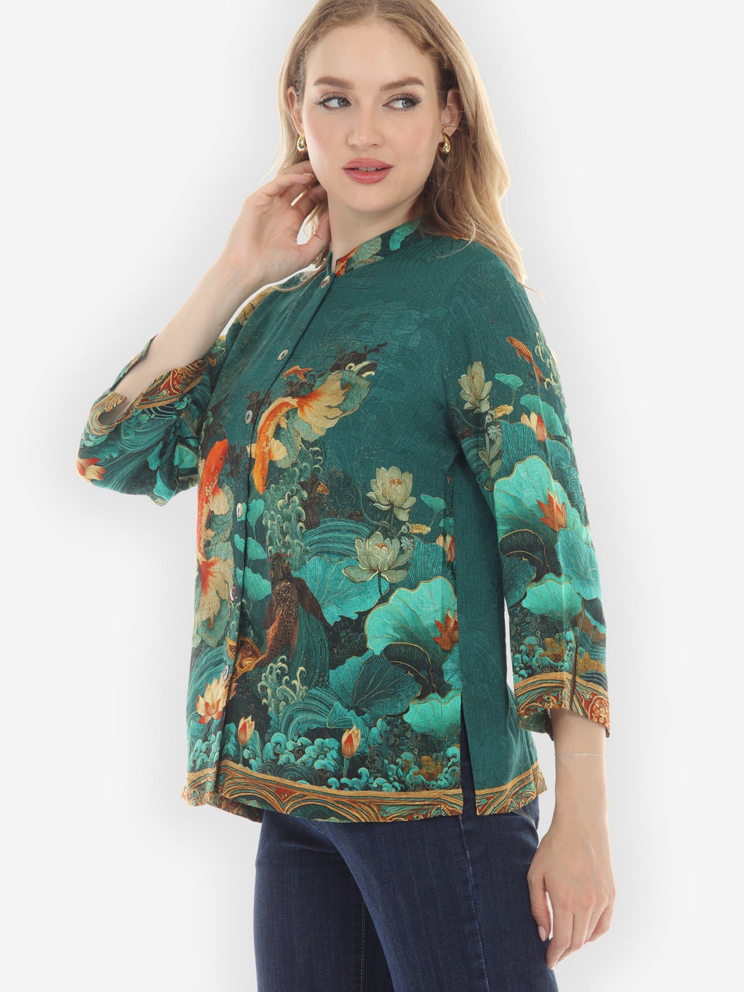 Citron Style Blouse Koi Fish and Sea Wave Silk Blouse