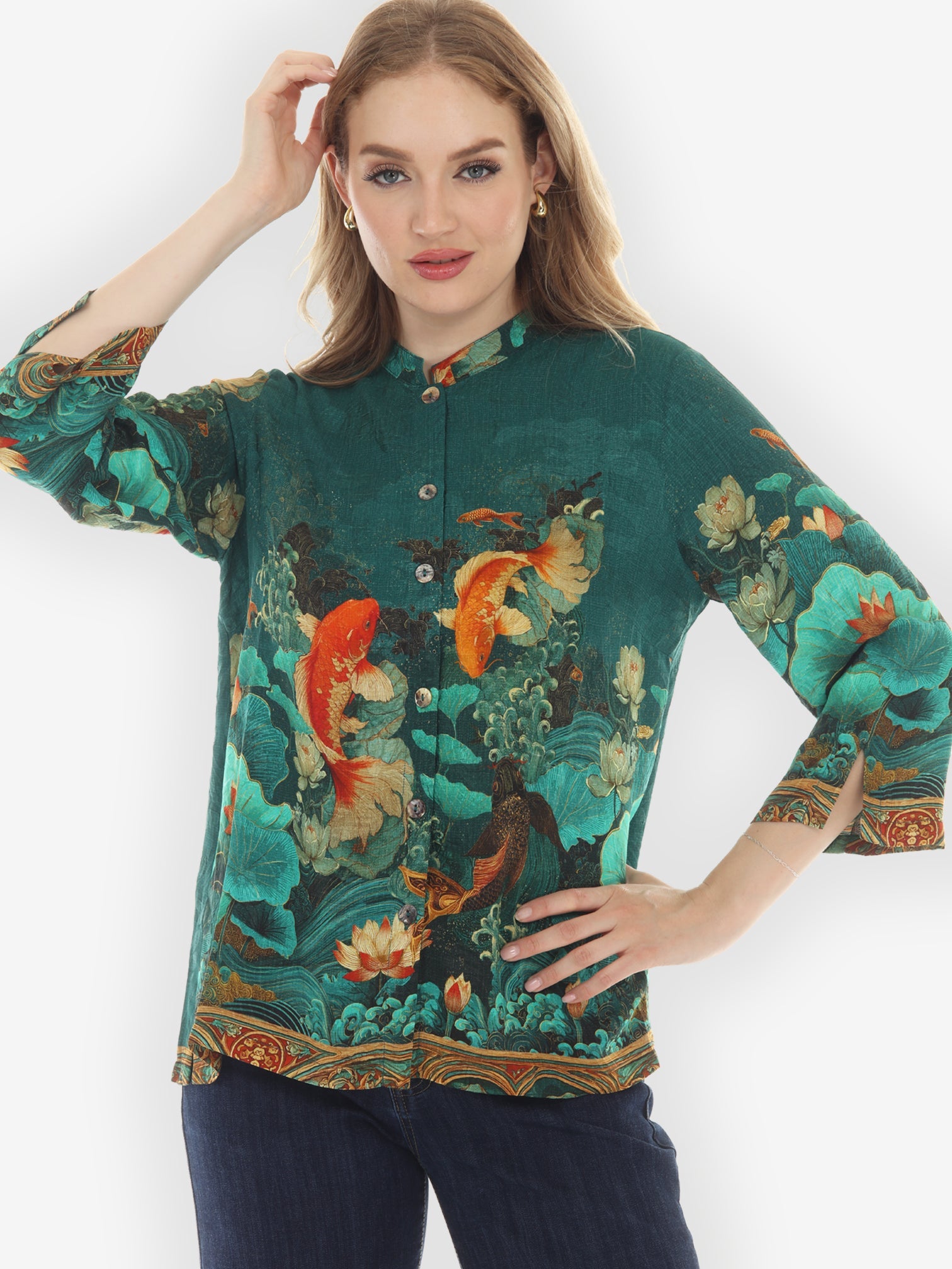 Citron Style Blouse Koi Fish and Sea Wave Silk Blouse