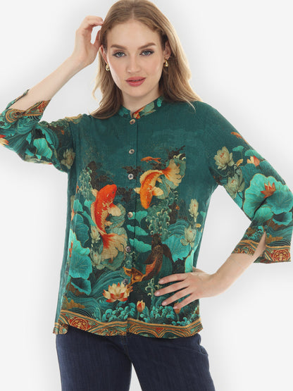 Citron Style Blouse Koi Fish and Sea Wave Silk Blouse