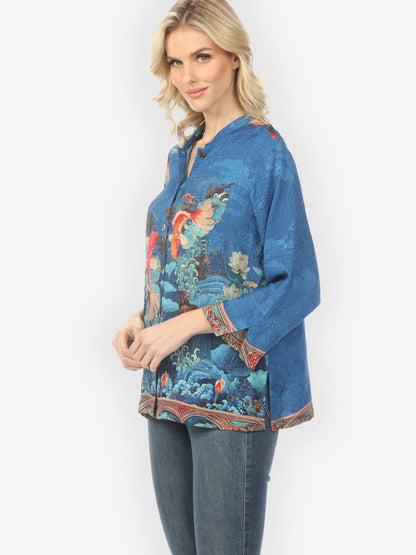 Koi Fish Sea Wave in Blue Silk Blouse