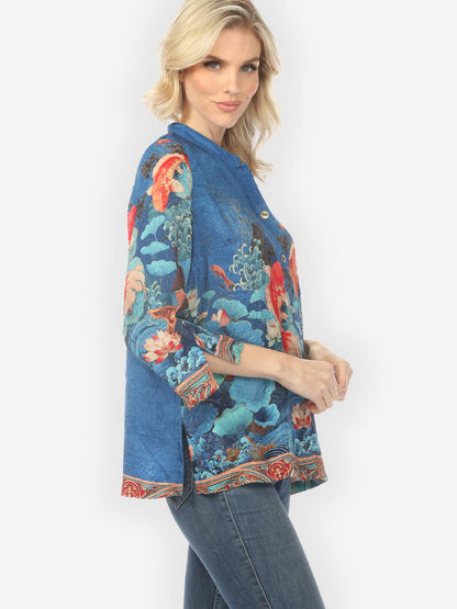 Koi Fish Sea Wave in Blue Silk Blouse