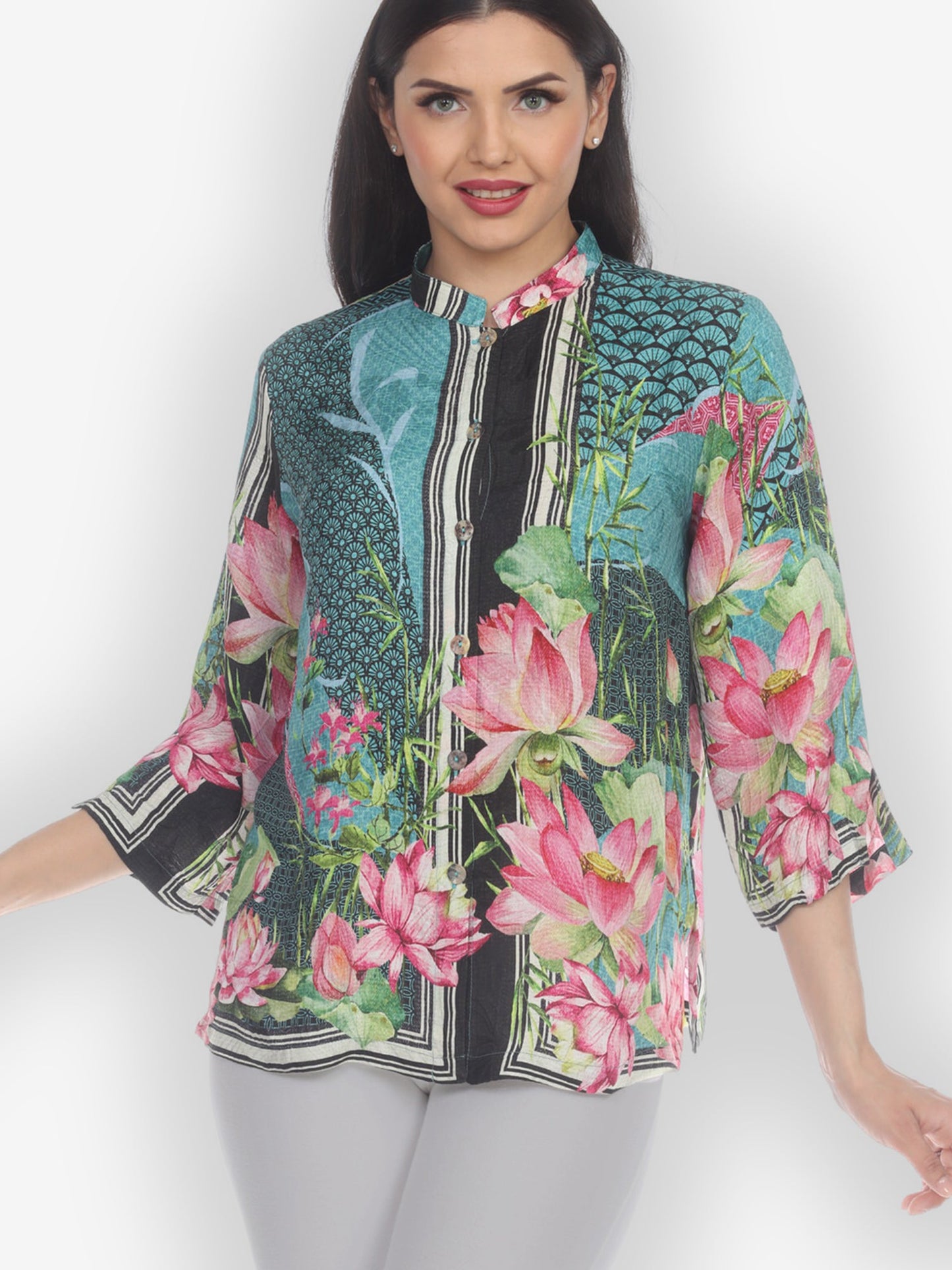 Jackets Lotus Flower Border Silk Blouse