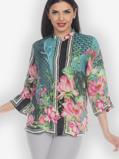 Jackets Lotus Flower Border Silk Blouse