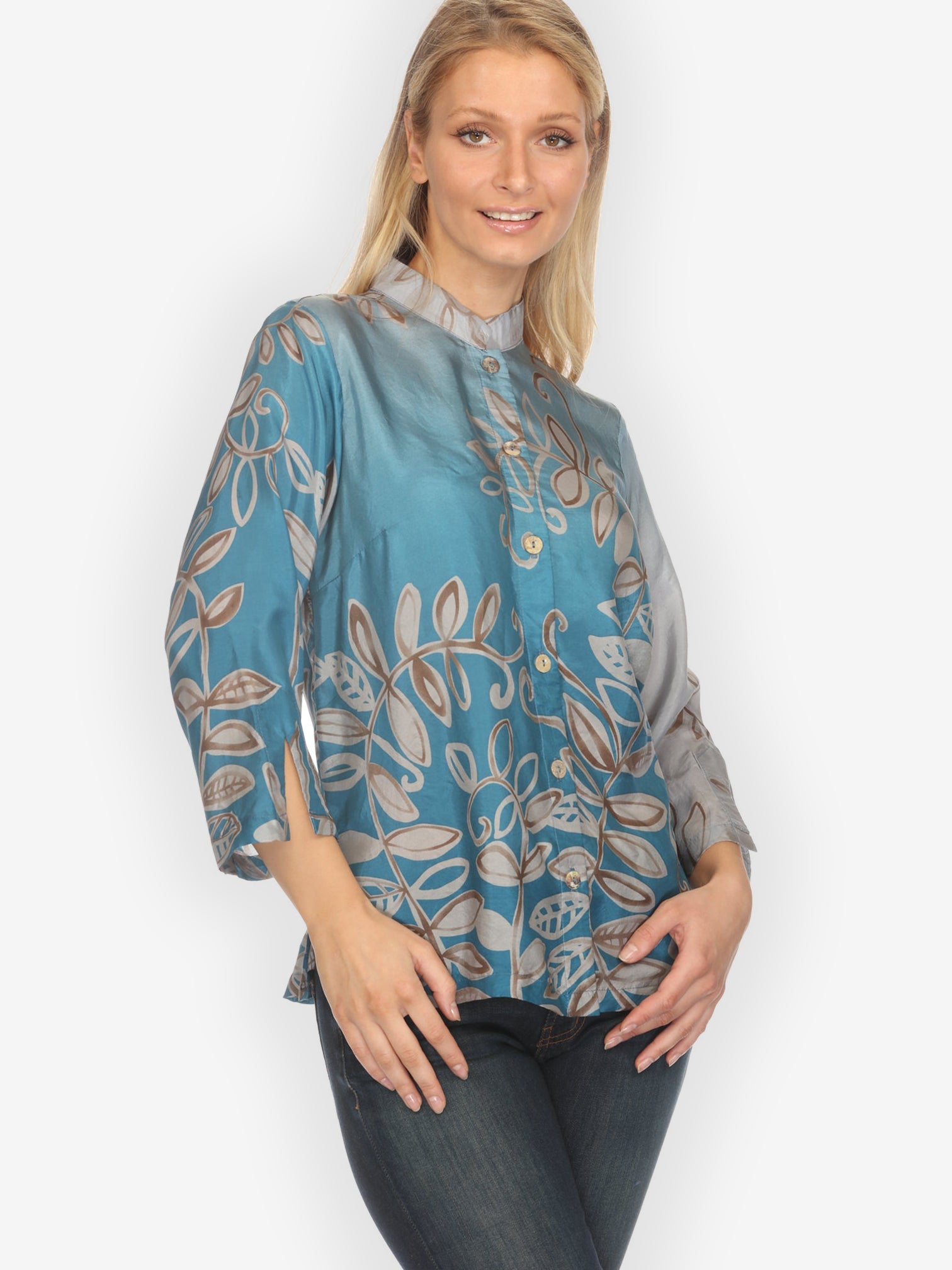 Citron Classic Blouse Leafy Vine Sky Blue Silk Blouse