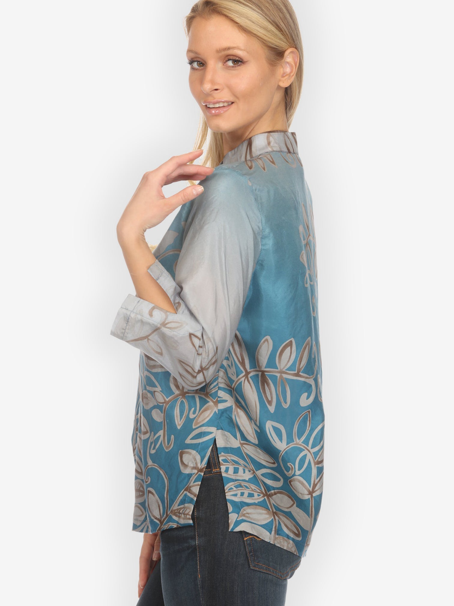 Citron Classic Blouse Leafy Vine Sky Blue Silk Blouse