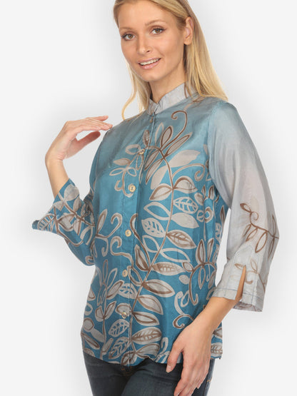 Citron Classic Blouse Leafy Vine Sky Blue Silk Blouse