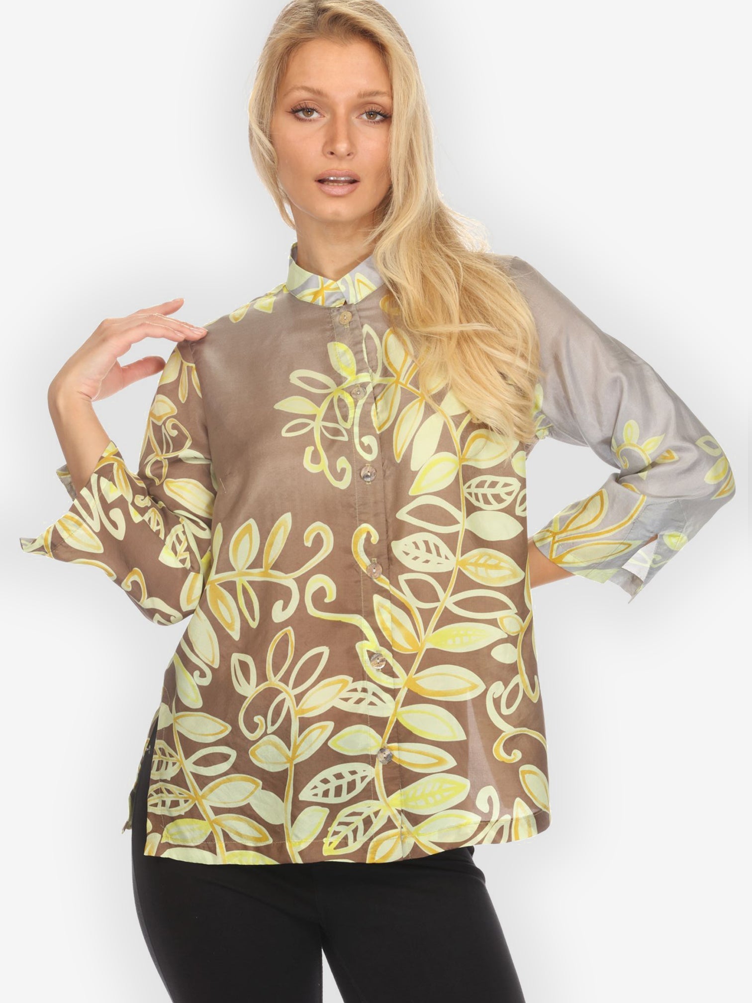 Citron Classic Blouse Leafy Vine Yellow Silk Blouse