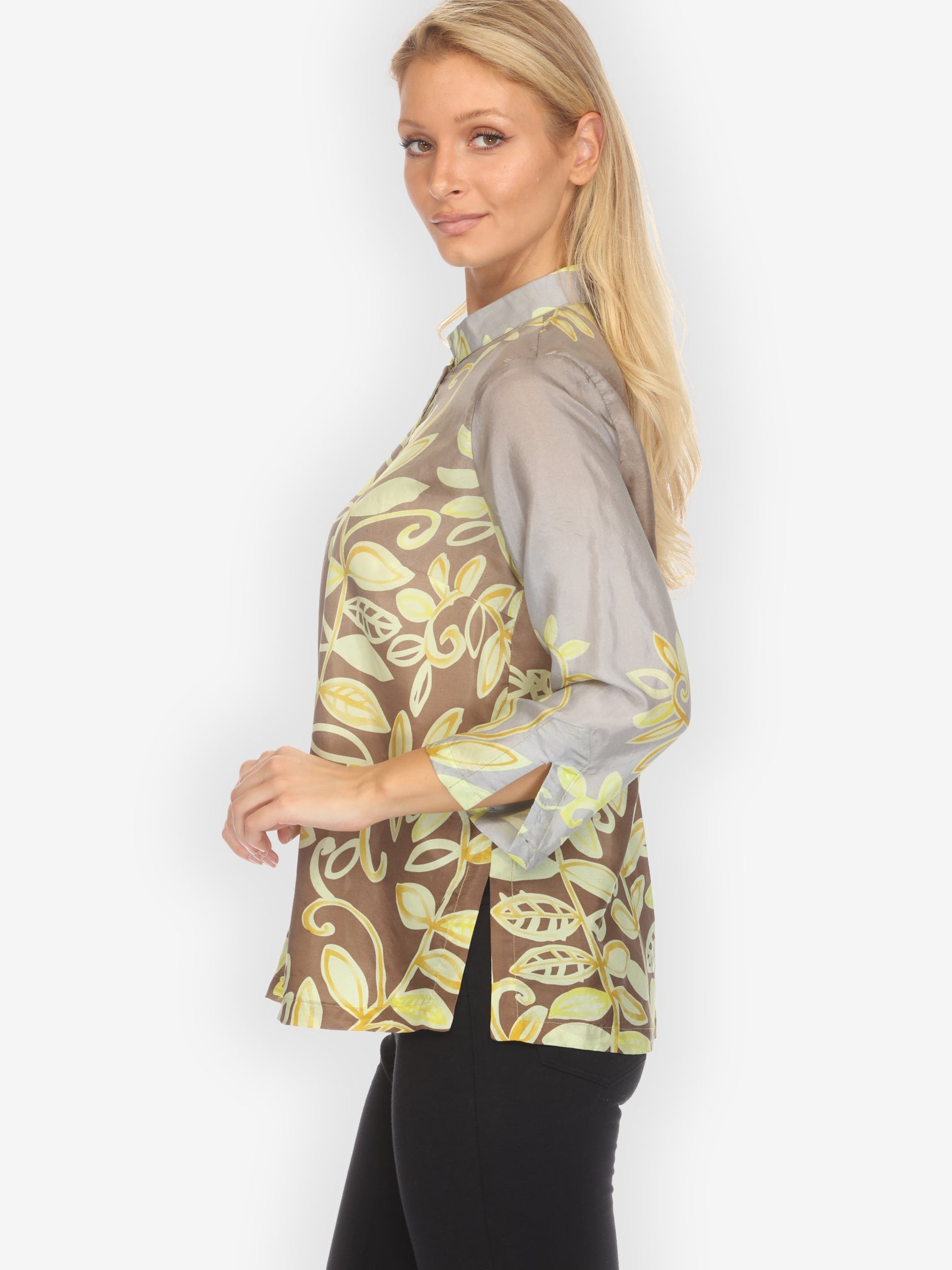 Citron Classic Blouse Leafy Vine Yellow Silk Blouse