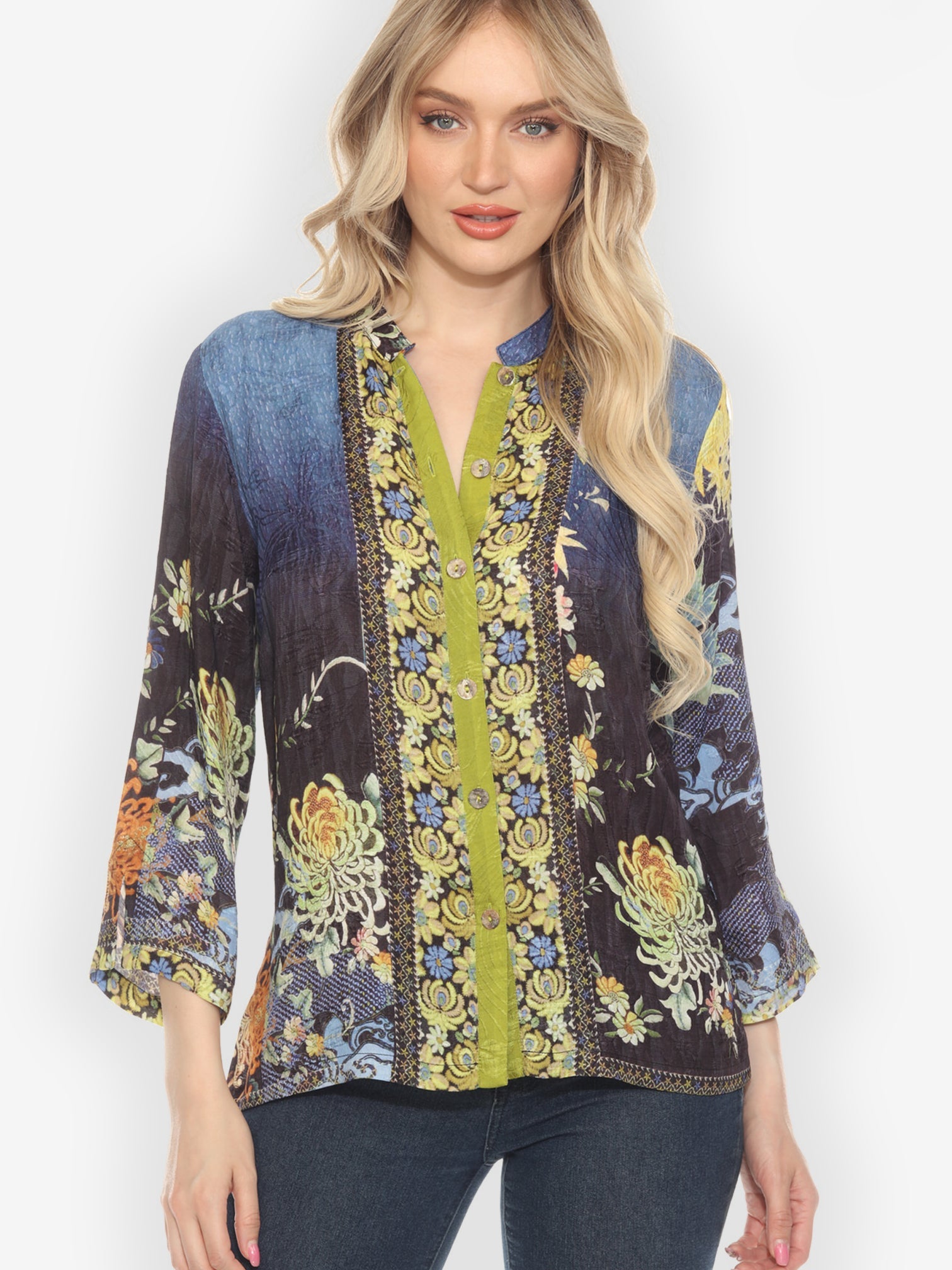 Citron Style Blouse Mums Border Classic Citron Silk Blouse
