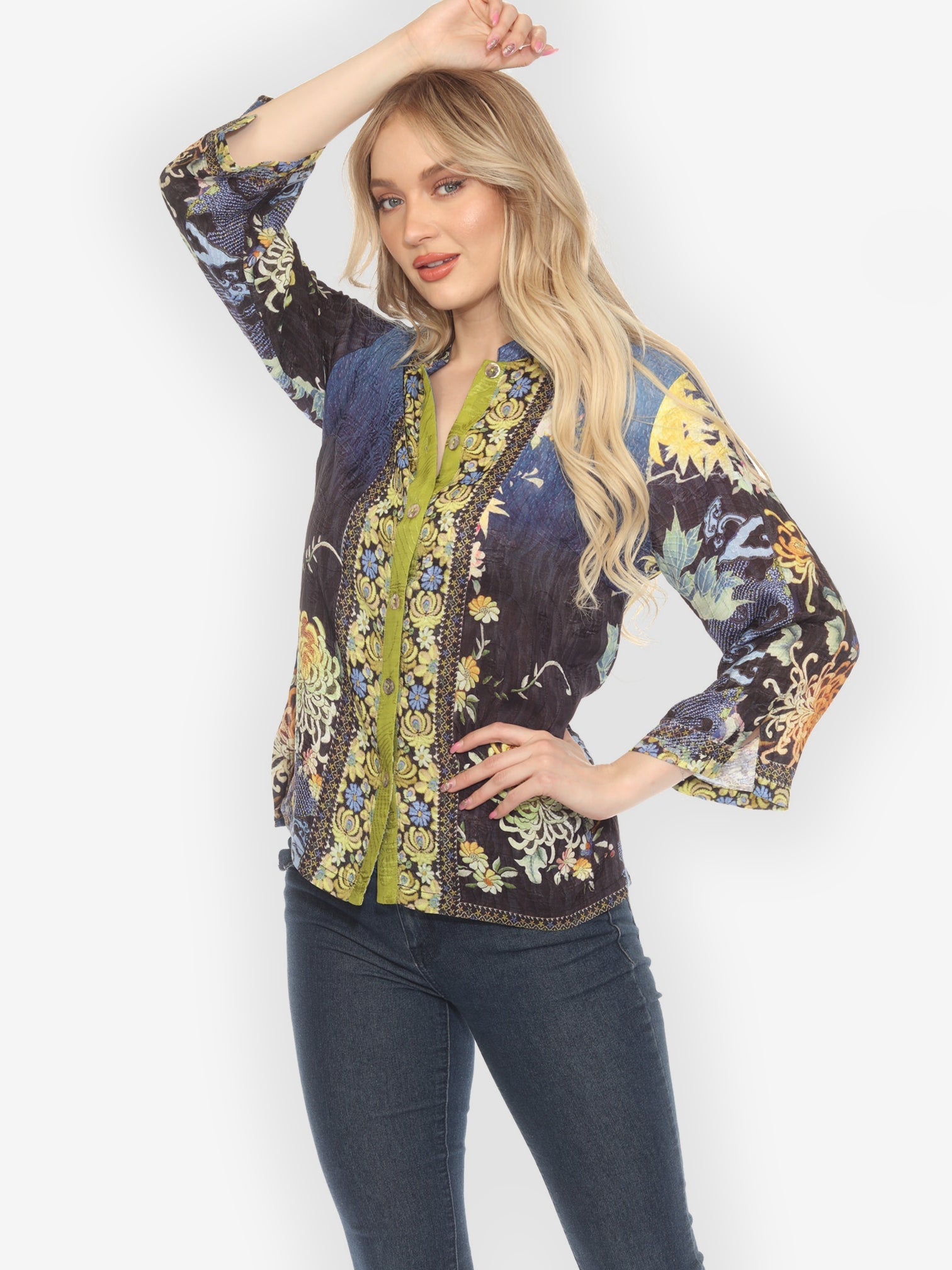Citron Style Blouse Mums Border Classic Citron Silk Blouse