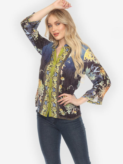 Citron Style Blouse Mums Border Classic Citron Silk Blouse