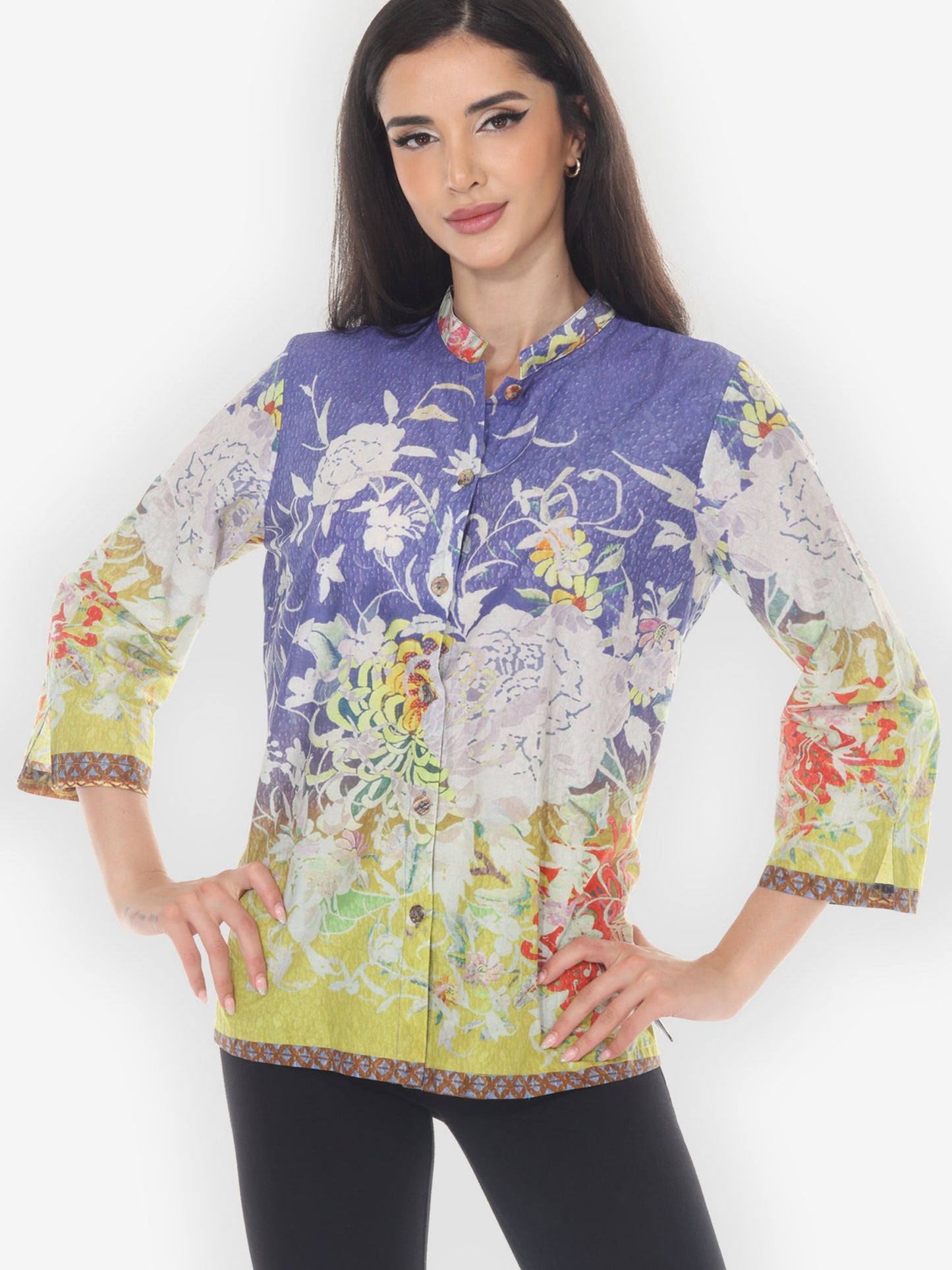Citron Style Blouse Ombre Floral Art Cotton Blouse