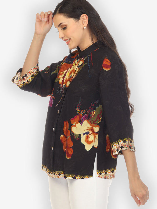 Phoenix on Flowers Silk Blend Blouse
