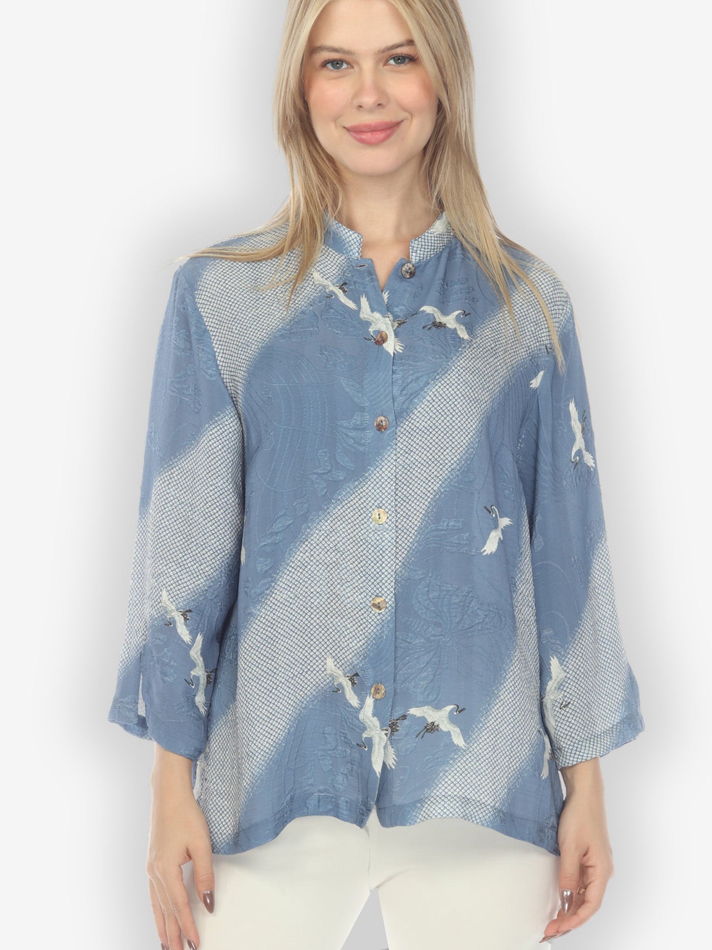 Classic Citron Style Blouse Shibori Flying Crane Silk Blouse