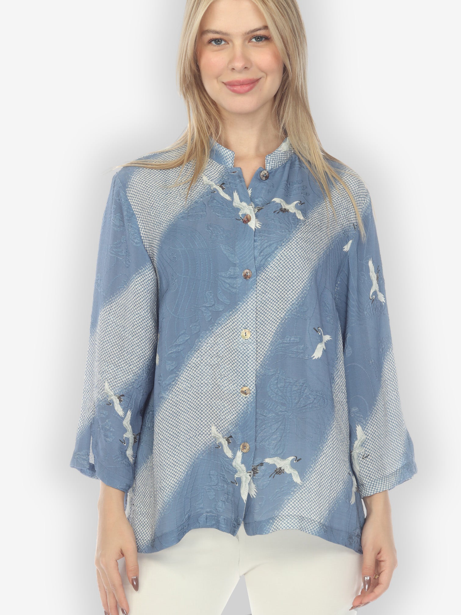 Classic Citron Style Blouse Shibori Flying Crane Silk Blouse