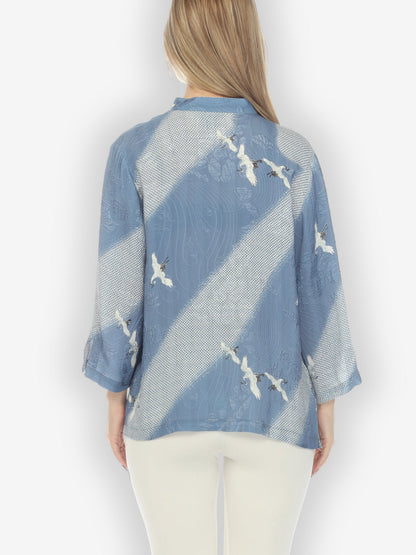 Classic Citron Style Blouse Shibori Flying Crane Silk Blouse