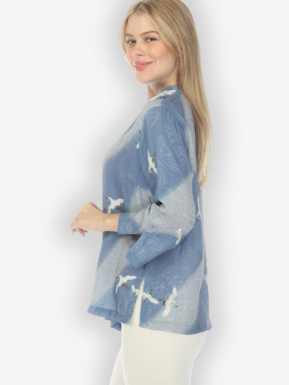 Classic Citron Style Blouse Shibori Flying Crane Silk Blouse