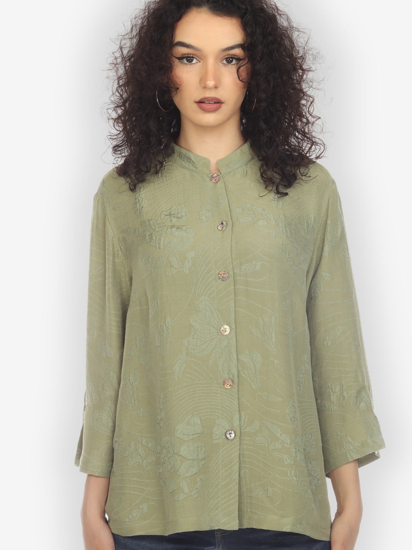Classic Citron Style Blouse Solid Olive Silk Blouse