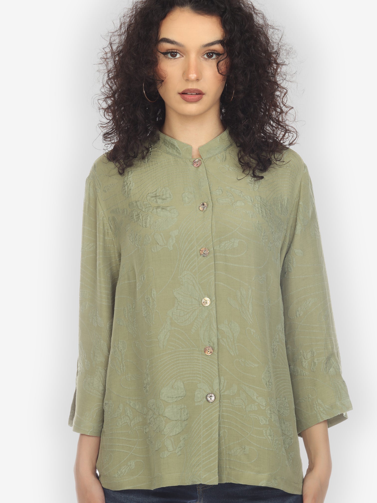 Classic Citron Style Blouse Solid Olive Silk Blouse