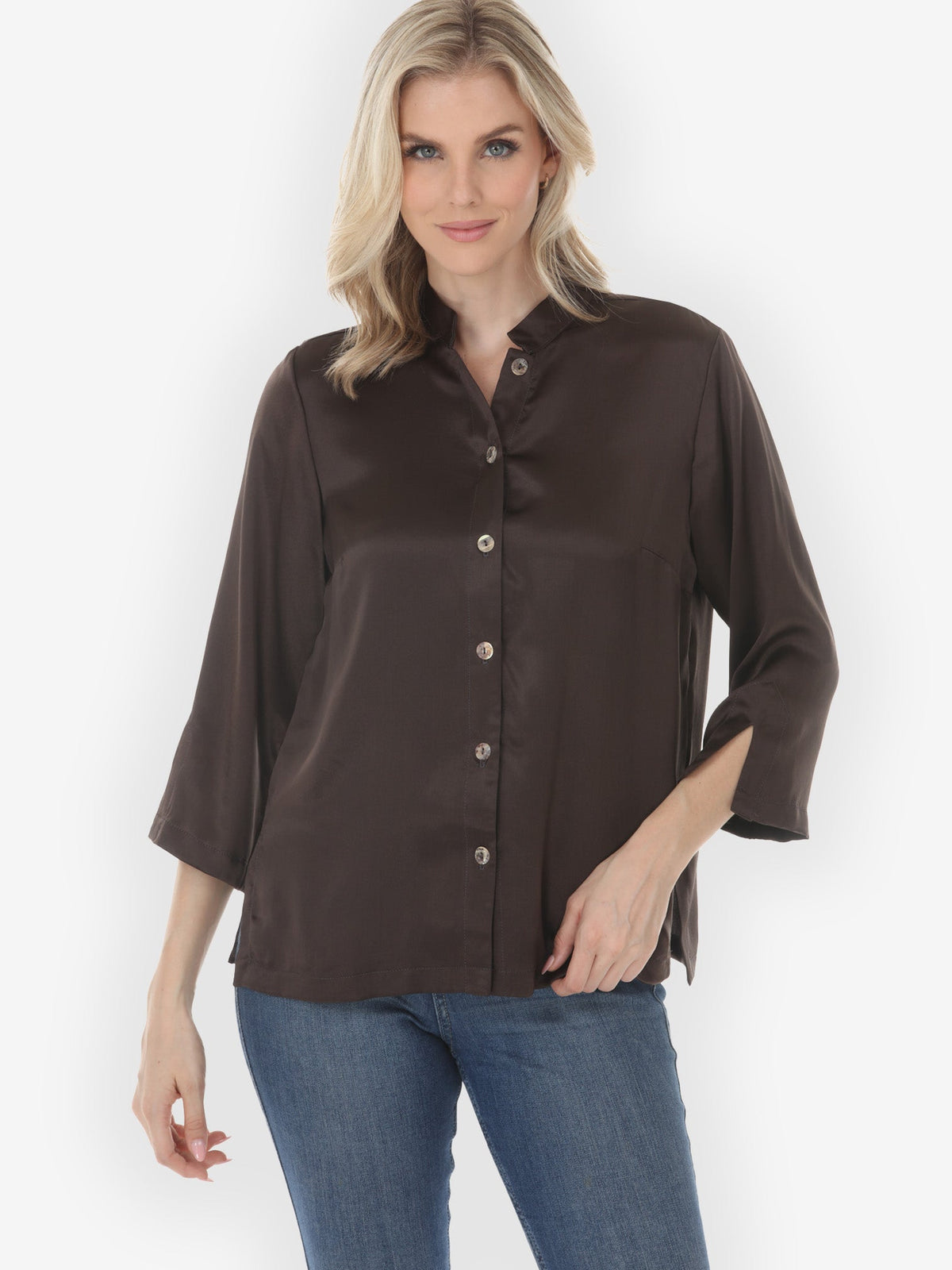 Classic Citron Style Blouse Solid Silk Satin Dark Umber Silk Blouse