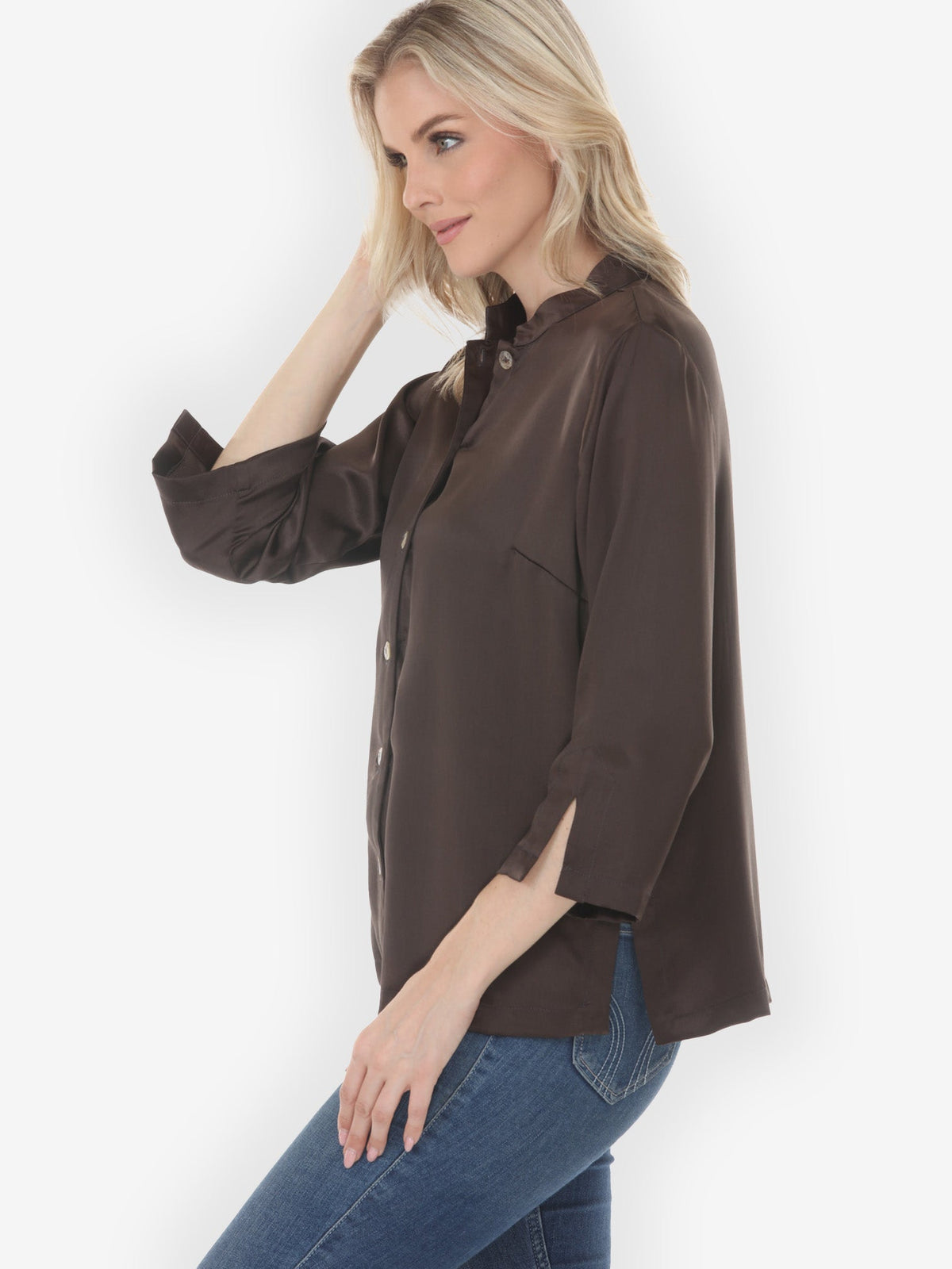Classic Citron Style Blouse Solid Silk Satin Dark Umber Silk Blouse