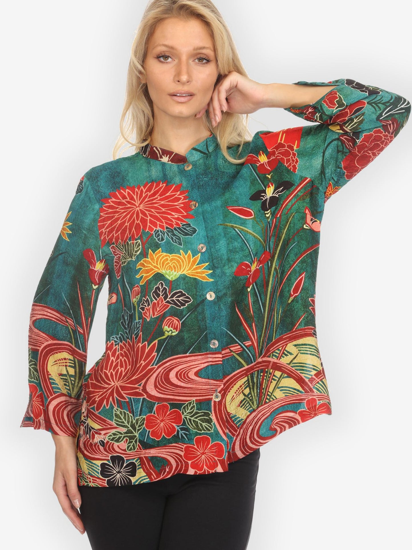 Citron Classic Blouse Underwater Garden Silk Blend Blouse