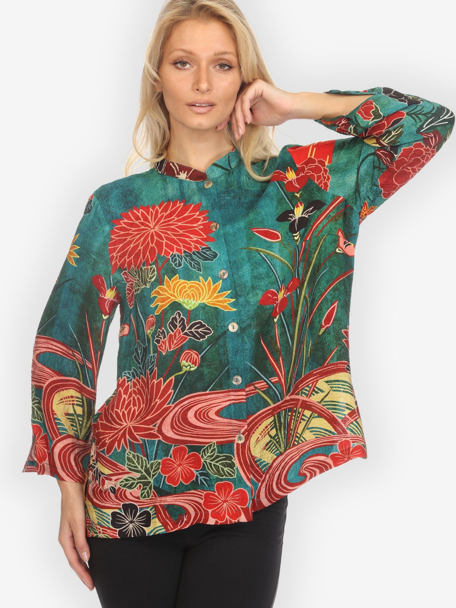 Citron Classic Blouse Underwater Garden Silk Blend Blouse