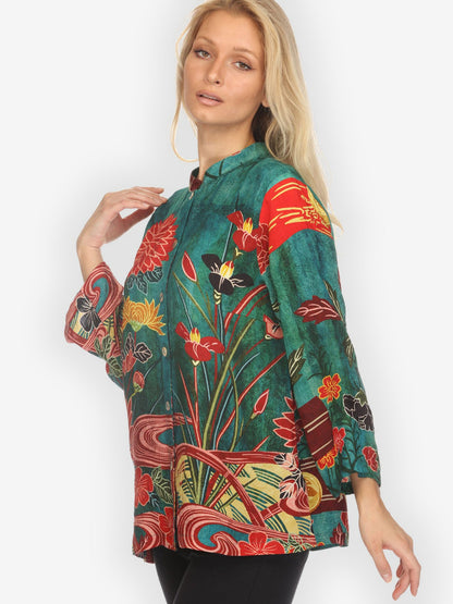 Citron Classic Blouse Underwater Garden Silk Blend Blouse
