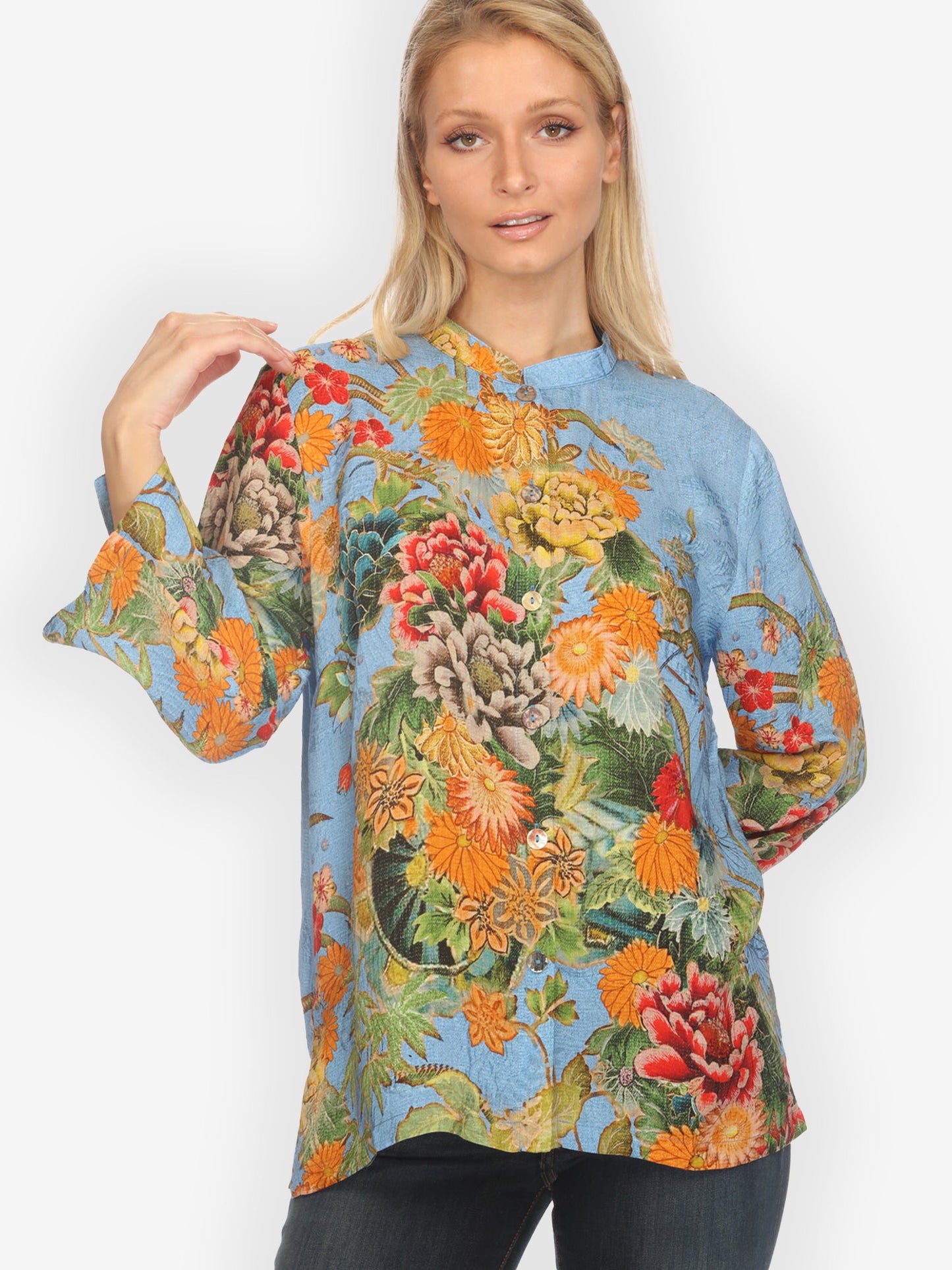 Vintage Flower in Sky Blue Silk Blouse