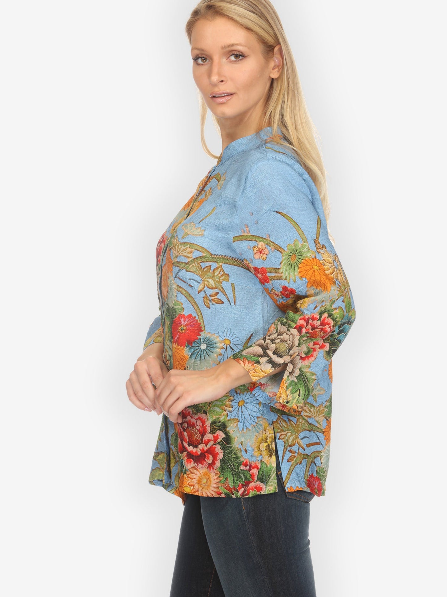 Vintage Flower in Sky Blue Silk Blouse