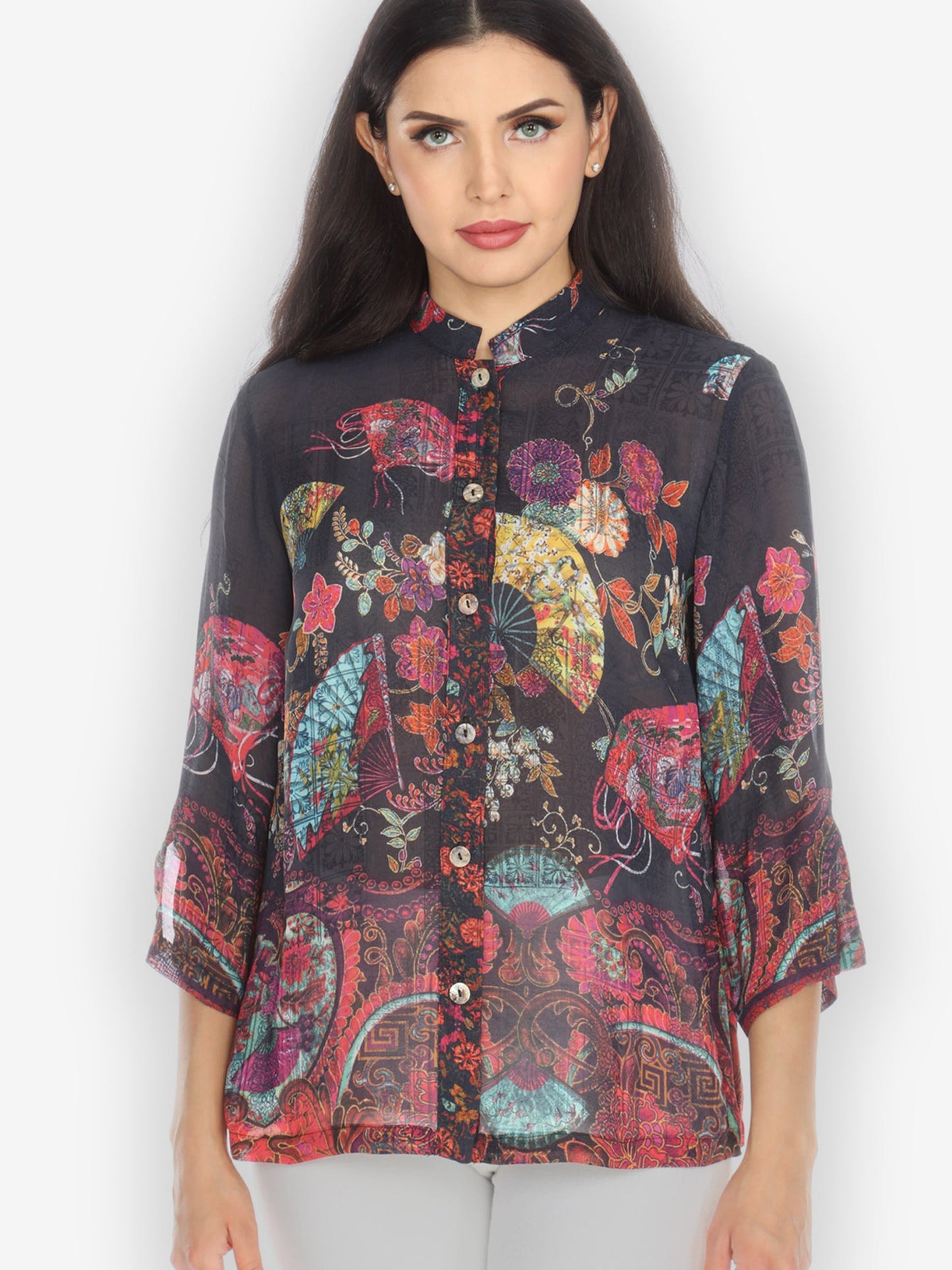 Classic Citron style blouse Vintage Floral Fans Georgette Blouse