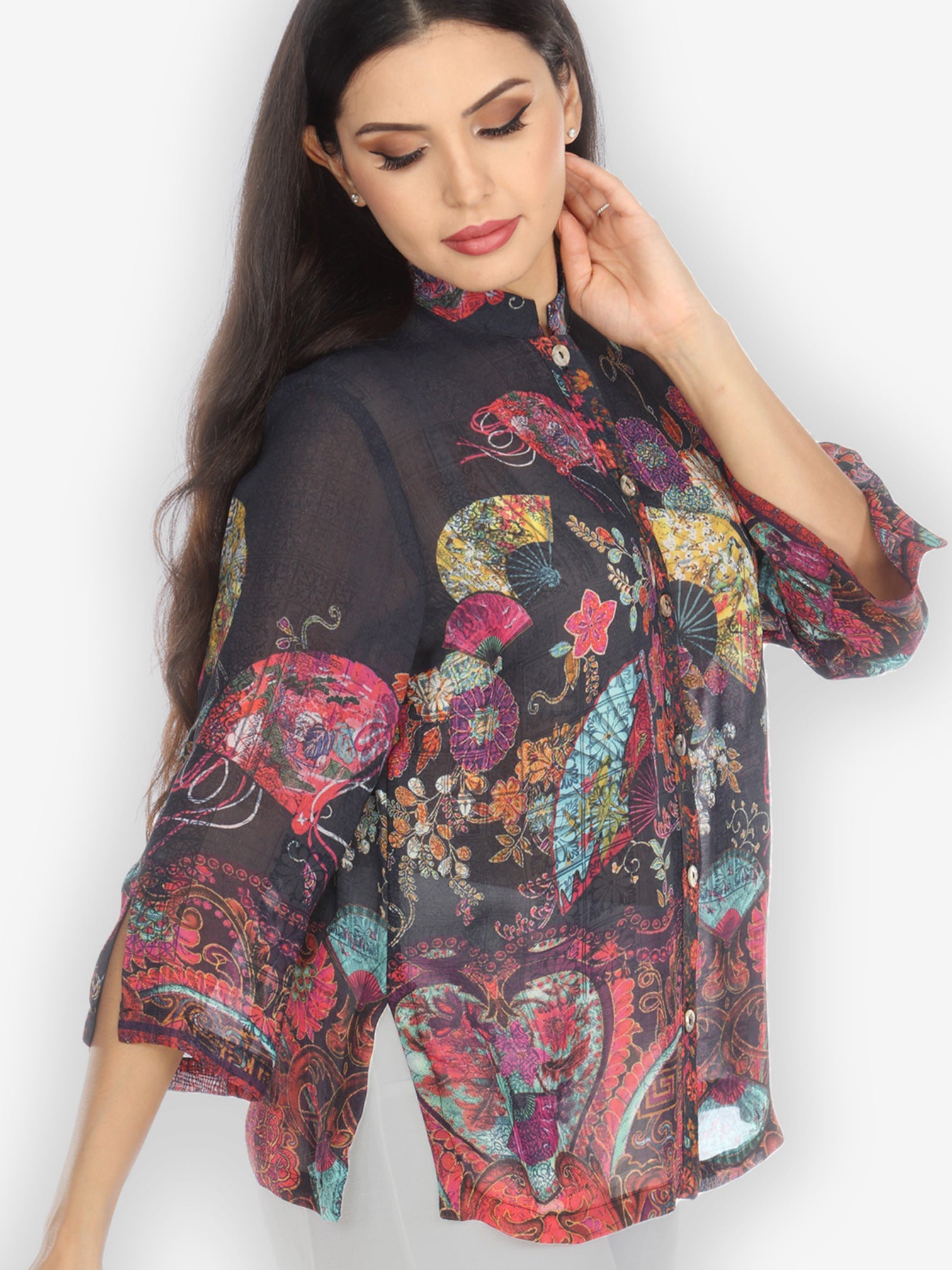 Classic Citron style blouse Vintage Floral Fans Georgette Blouse