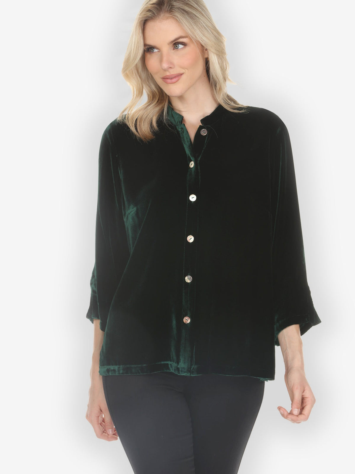 Citron Classic Blouse Solid Velvet Dark Forest Green Blouse
