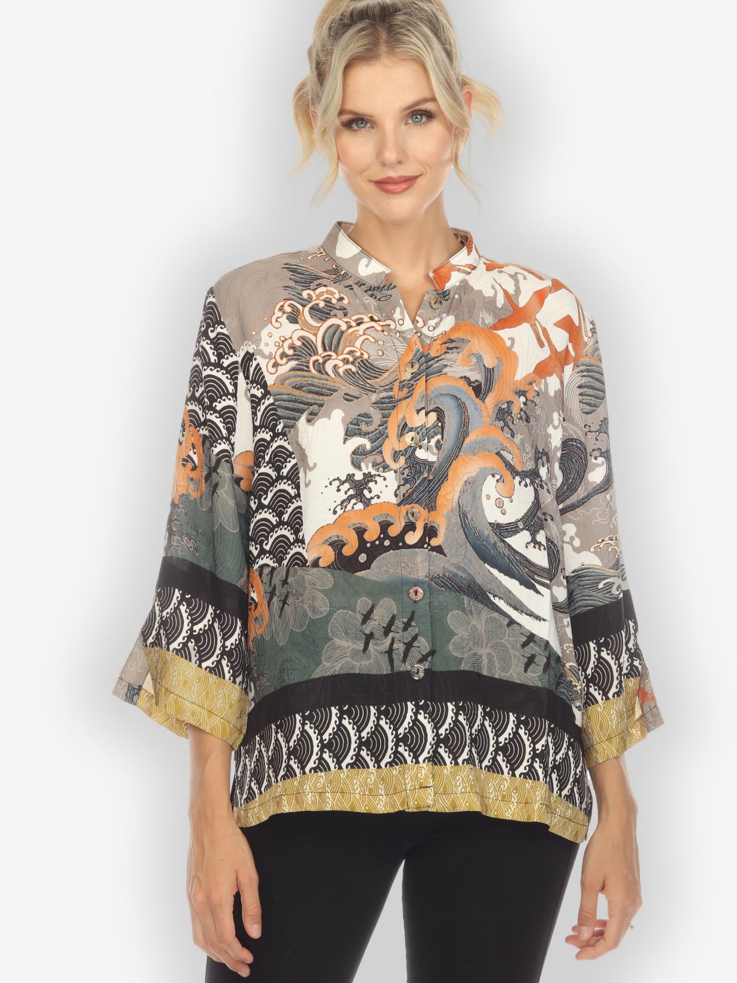 Classic Citron Style Blouse Waves and Cranes Silk Blouse