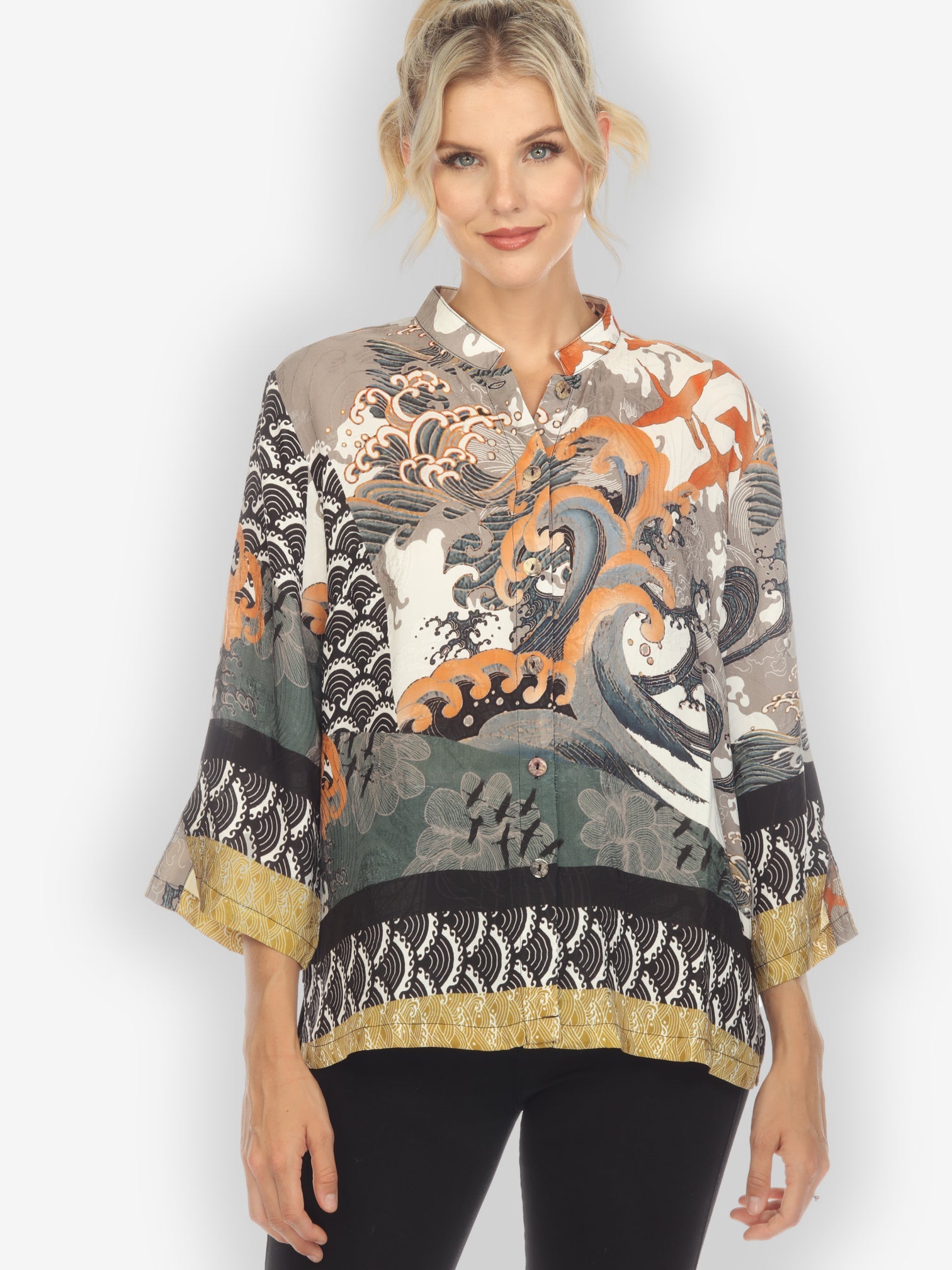Classic Citron Style Blouse Waves and Cranes Silk Blouse
