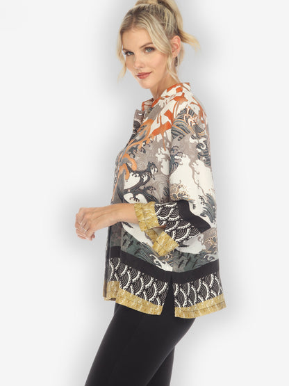 Classic Citron Style Blouse Waves and Cranes Silk Blouse