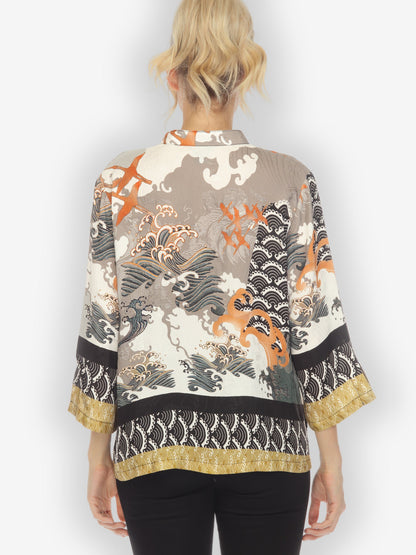 Classic Citron Style Blouse Waves and Cranes Silk Blouse