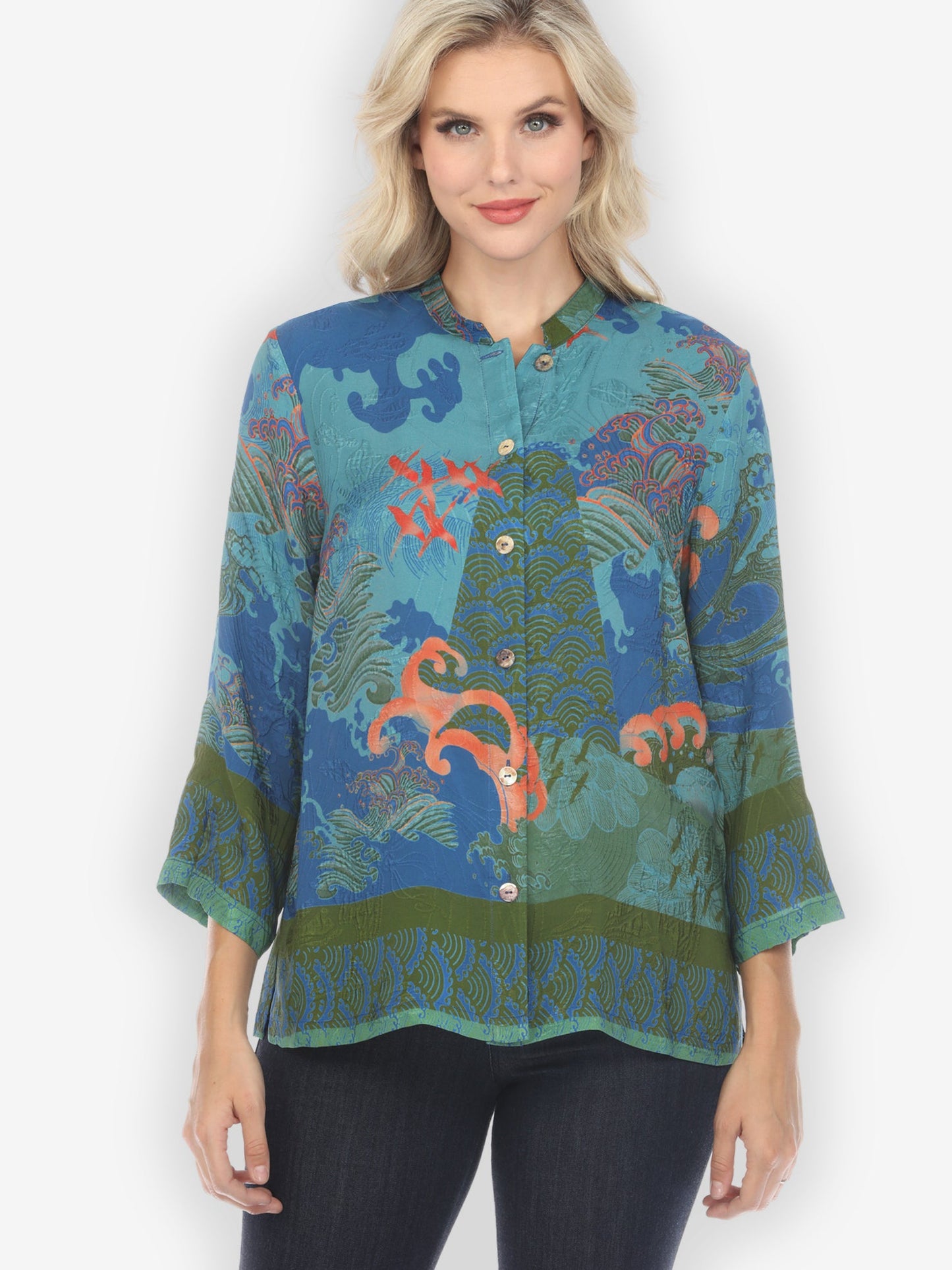 Jackets Waves and Cranes in Blue Silk Blend Blouse