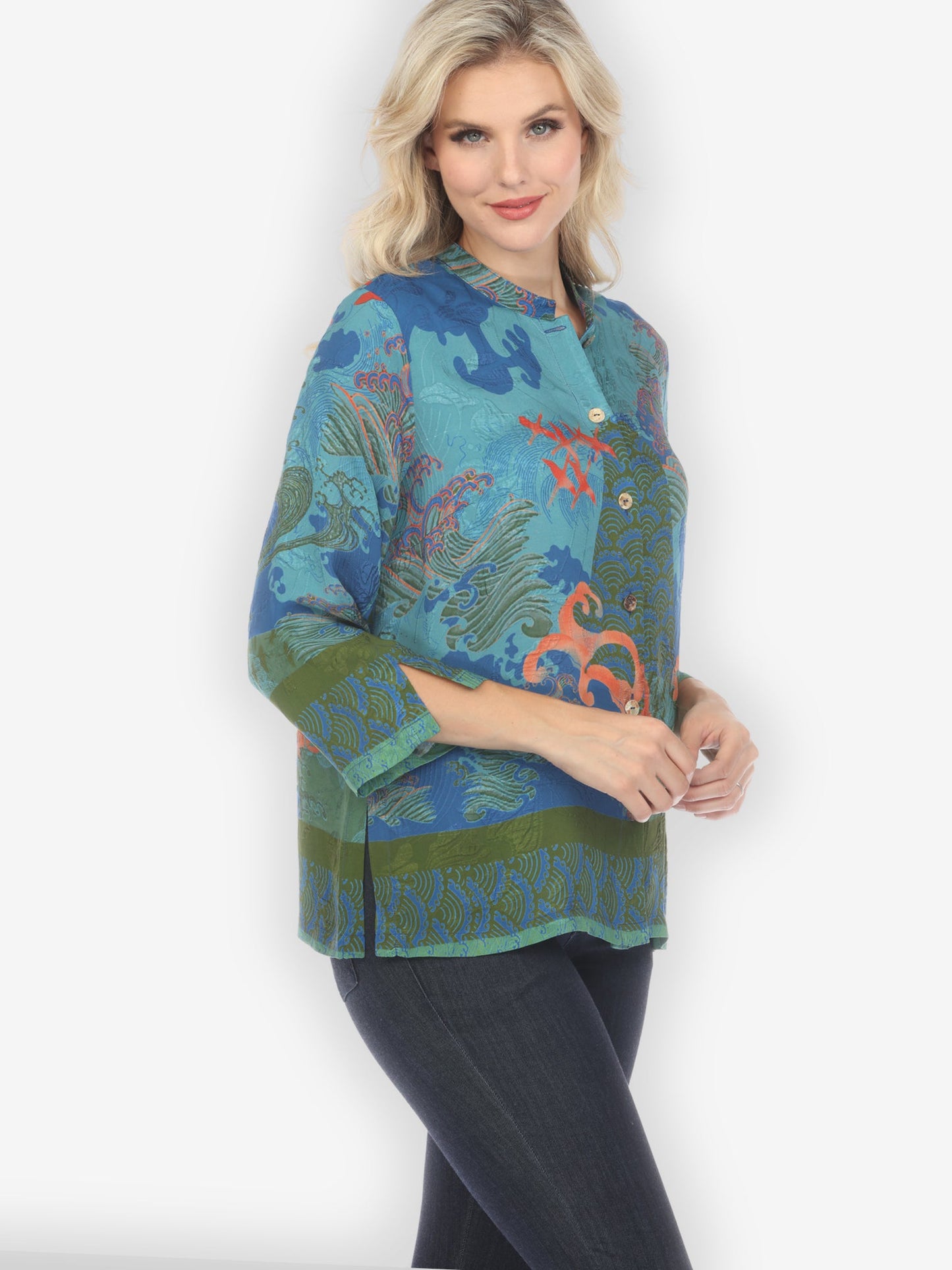 Jackets Waves and Cranes in Blue Silk Blend Blouse