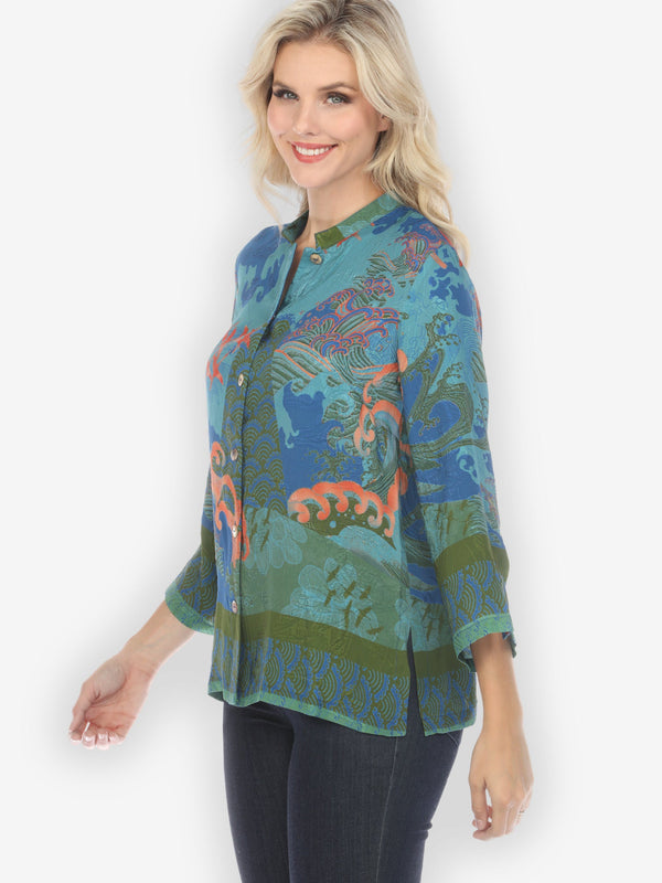 Waves and Cranes in Blue Silk Blend Blouse